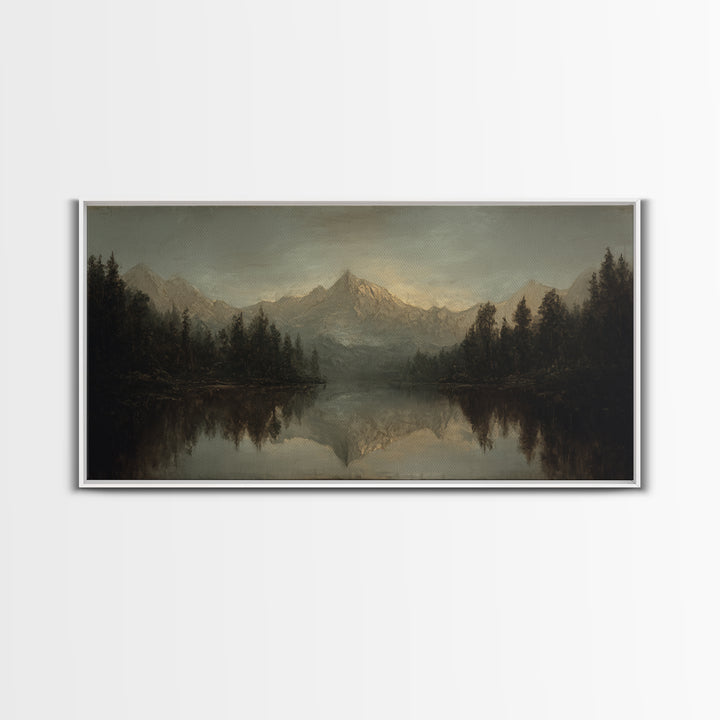 Mountain Lake with Pine Forest Reflection Framed Canvas Print, Traditional Art, Canvas, Living Room Decor, Fine Art, Classic, TRA-2x1-5