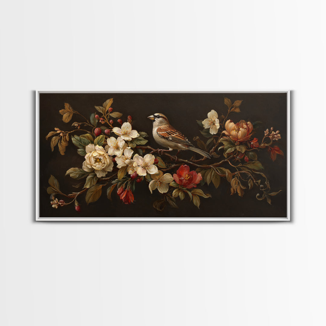 Bird Study on a Flowering Branch Framed Canvas Print, Traditional Art, Minimalist Decor, Living Room Decor, Oil Painting, TRA-2x1-6