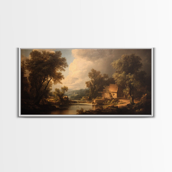 Watermill Beside a Quiet Stream Canvas Print, Traditional Art, Boho, Living Room Decor, Fine Art, Classic, Indian Wall Art, TRA-2x1-61