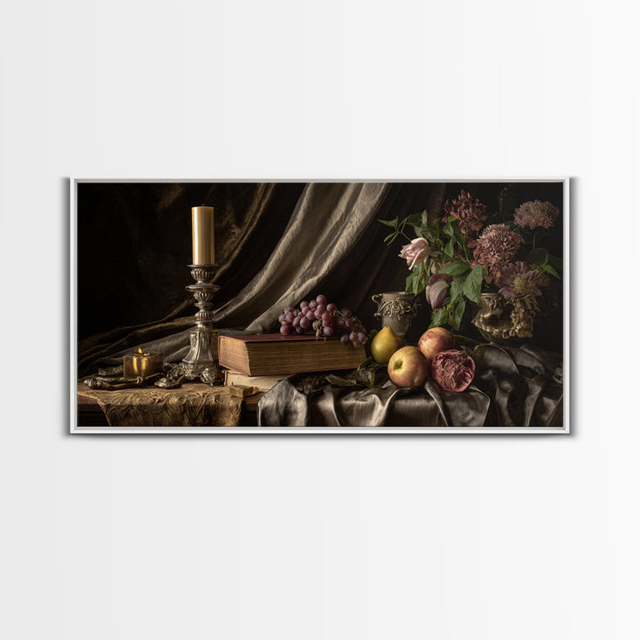 Still Life of Books Candle and Fruit Canvas Print, Traditional Art, Digital Art, Living Room Decor, Fine Art, Classic, TRA-2x1-64