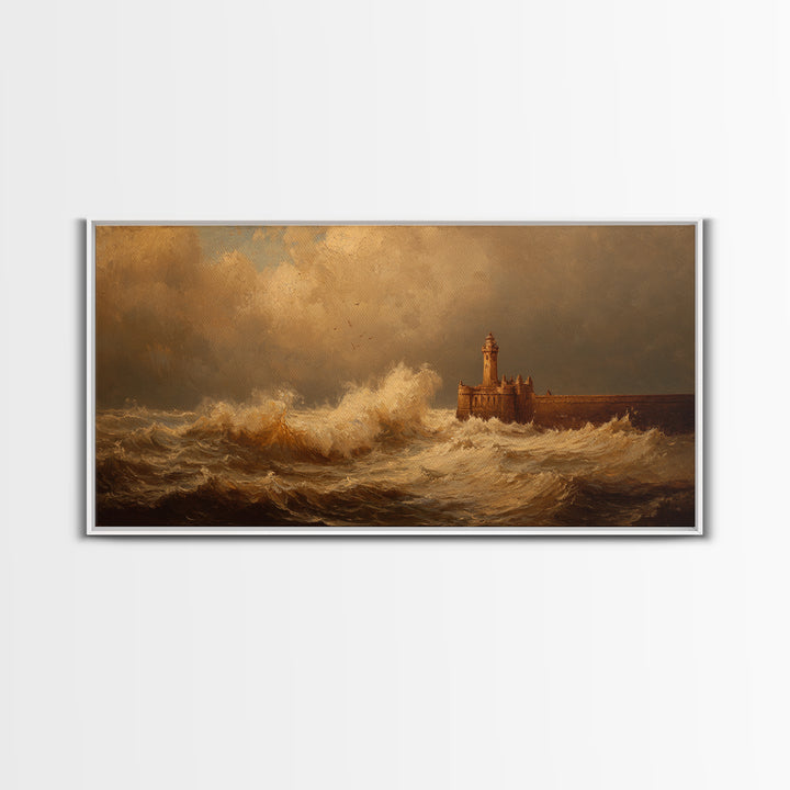 Lighthouse with Crashing Waves Framed Canvas Print, Traditional Art, Wall Hanging, Living Room Decor, Abstract Art, Classic, TRA-2x1-65