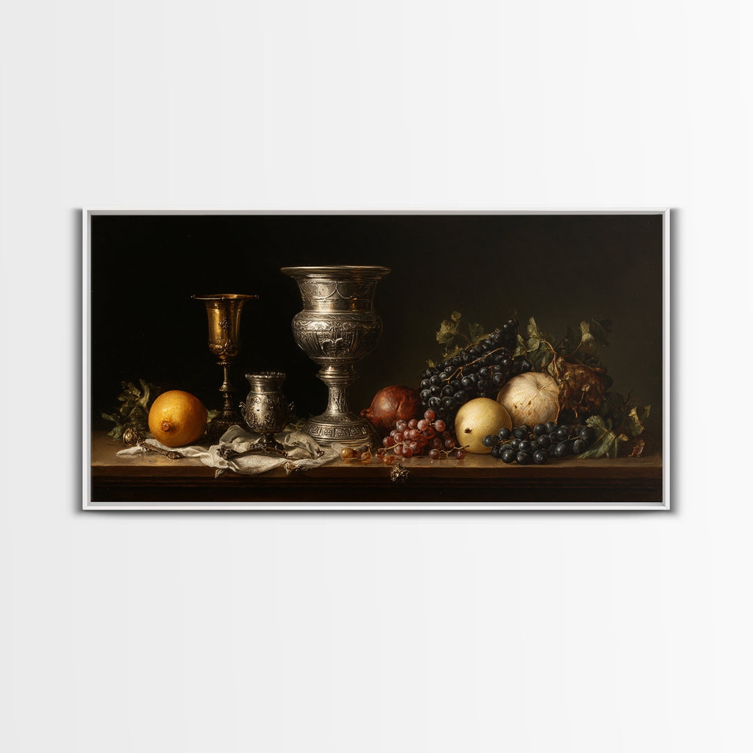 Dutch Fruit and Silver Goblet Still Life Framed Canvas Print, Traditional Art, Art Commission, Living Room Decor, Classic, TRA-2x1-72