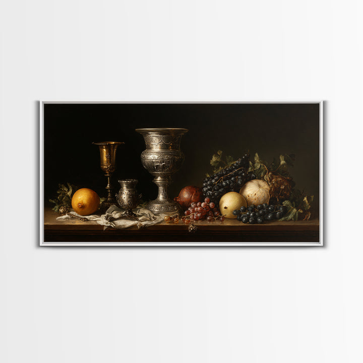 Dutch Fruit and Silver Goblet Still Life Framed Canvas Print, Traditional Art, Art Commission, Living Room Decor, Classic, TRA-2x1-72