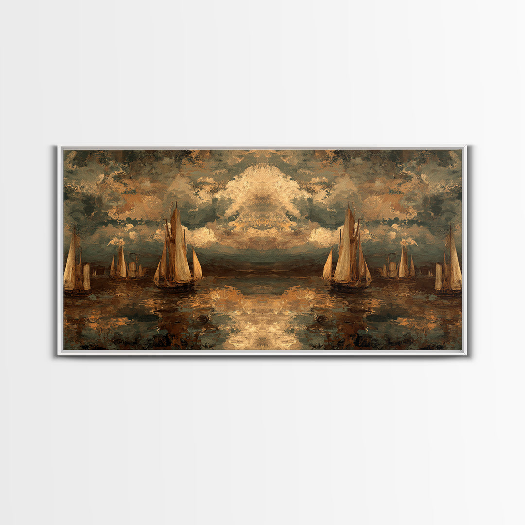 Seascape with Sailboats and Cloudy Sky Canvas Print, Traditional Art, Original Art, Living Room Decor, Fine Art, Classic, TRA-2x1-73