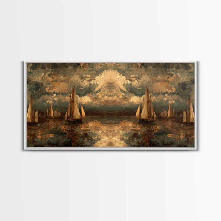 Seascape with Sailboats and Cloudy Sky Canvas Print, Traditional Art, Original Art, Living Room Decor, Fine Art, Classic, TRA-2x1-73