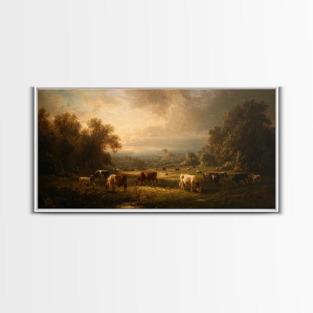 Pastoral Countryside with Cows in Field Framed Canvas Print, Traditional Art, Room Decor, Living Room Decor, Fine Art, Classic, TRA-2x1-75