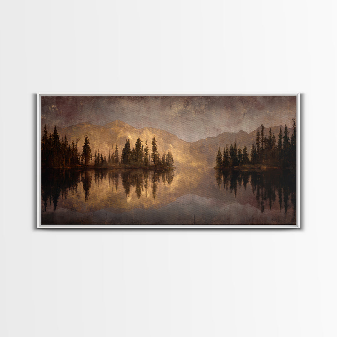 Mountain Lake with Pine Forest Reflection Canvas Print, Traditional Art, Digital Print, Living Room Decor, Fine Art, Classic, TRA-2x1-77