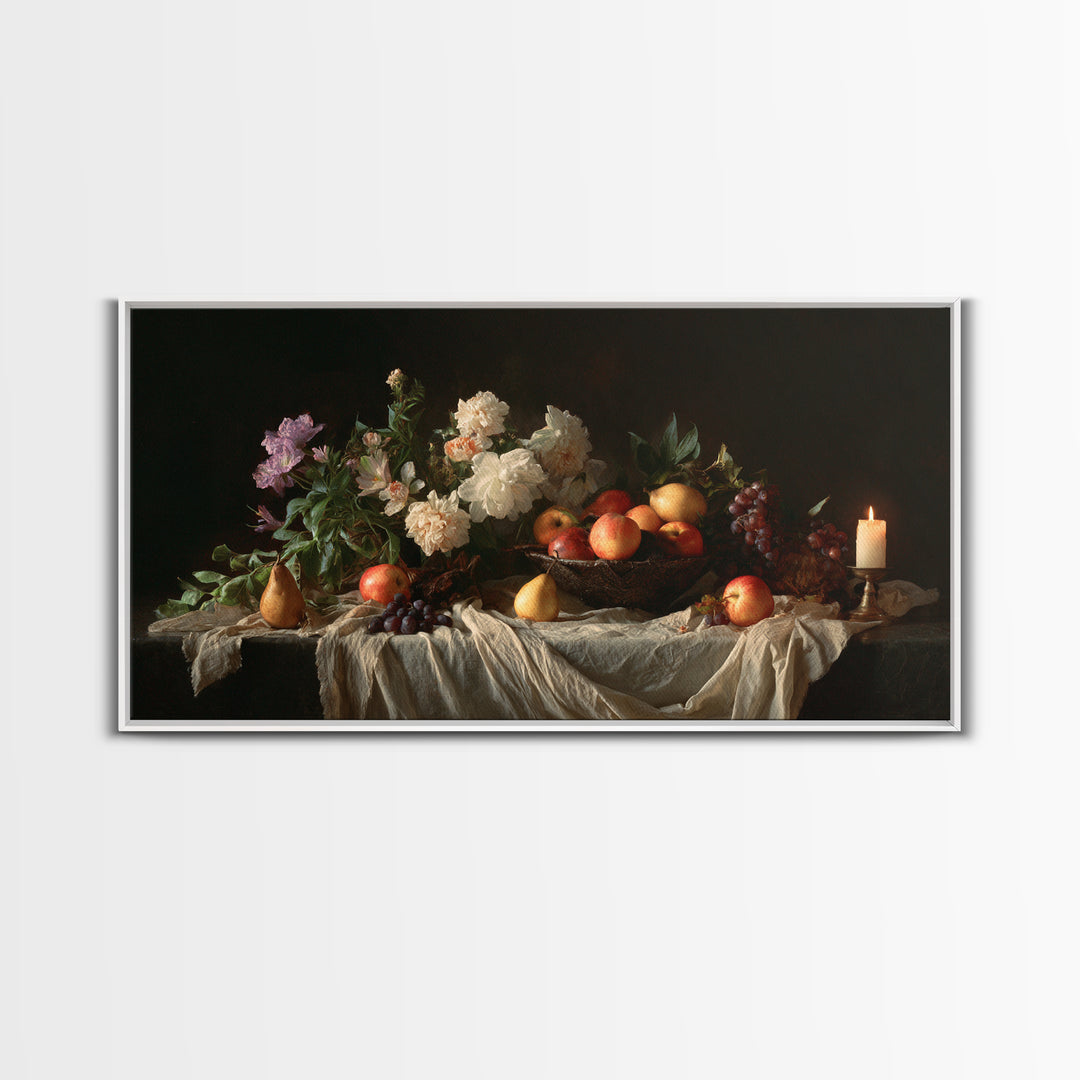Basket of Apples and Pears on Linen Framed Canvas Print, Traditional Art, Decor, Living Room Decor, Abstract Art, Classic, TRA-2x1-86