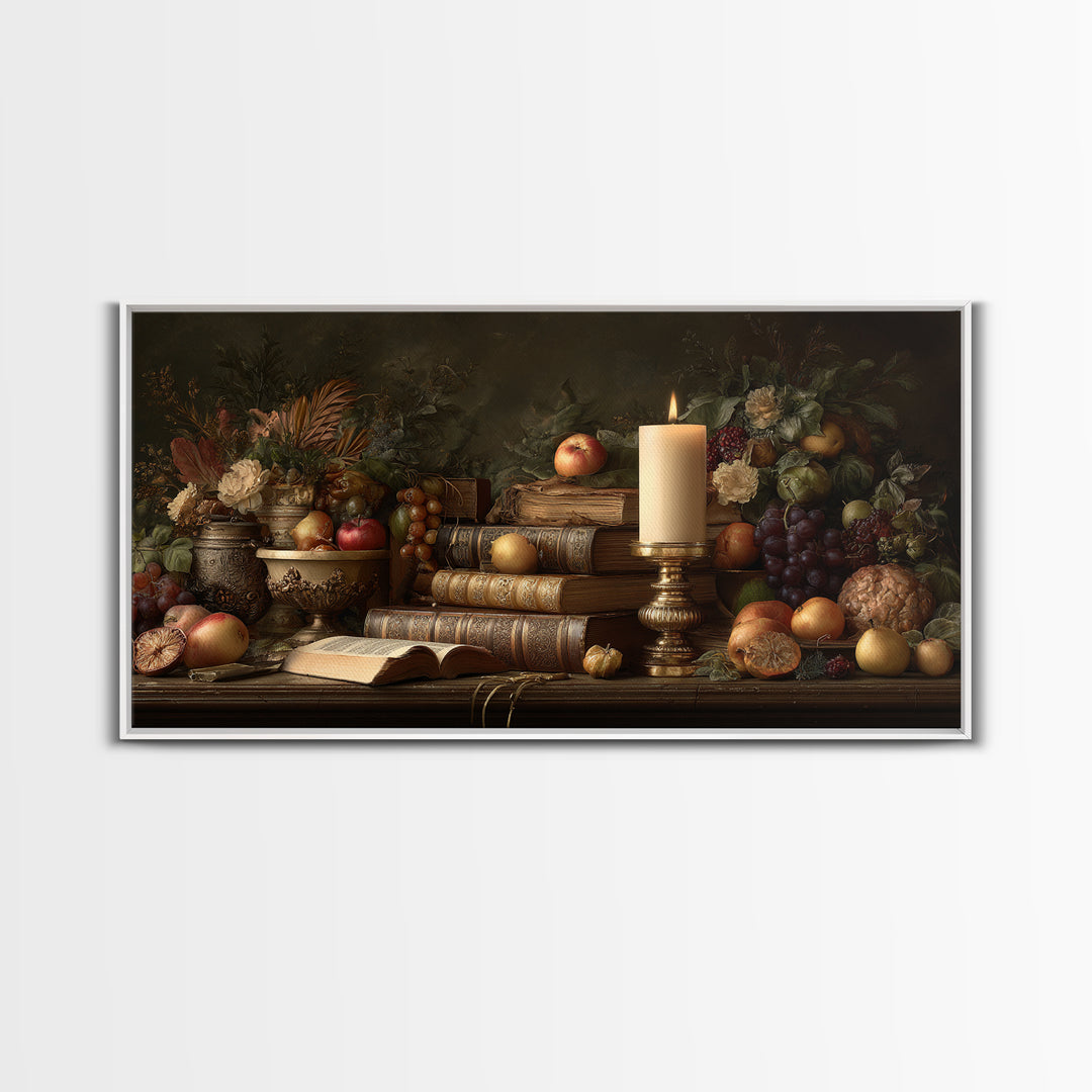 Still Life of Books Candle and Fruit Framed Canvas Print, Traditional Art, Original Art, Living Room Decor, Fine Art, Classic, TRA-2x1-88