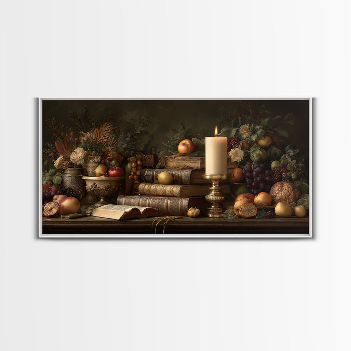 Still Life of Books Candle and Fruit Framed Canvas Print, Traditional Art, Original Art, Living Room Decor, Fine Art, Classic, TRA-2x1-88