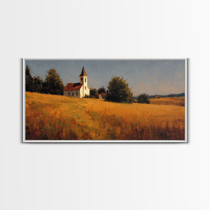 Church Steeple Across Rural Meadow Framed Canvas Print, Traditional Art, Wall Decor, Living Room Decor, Fine Art, Classic, TRA-2x1-9