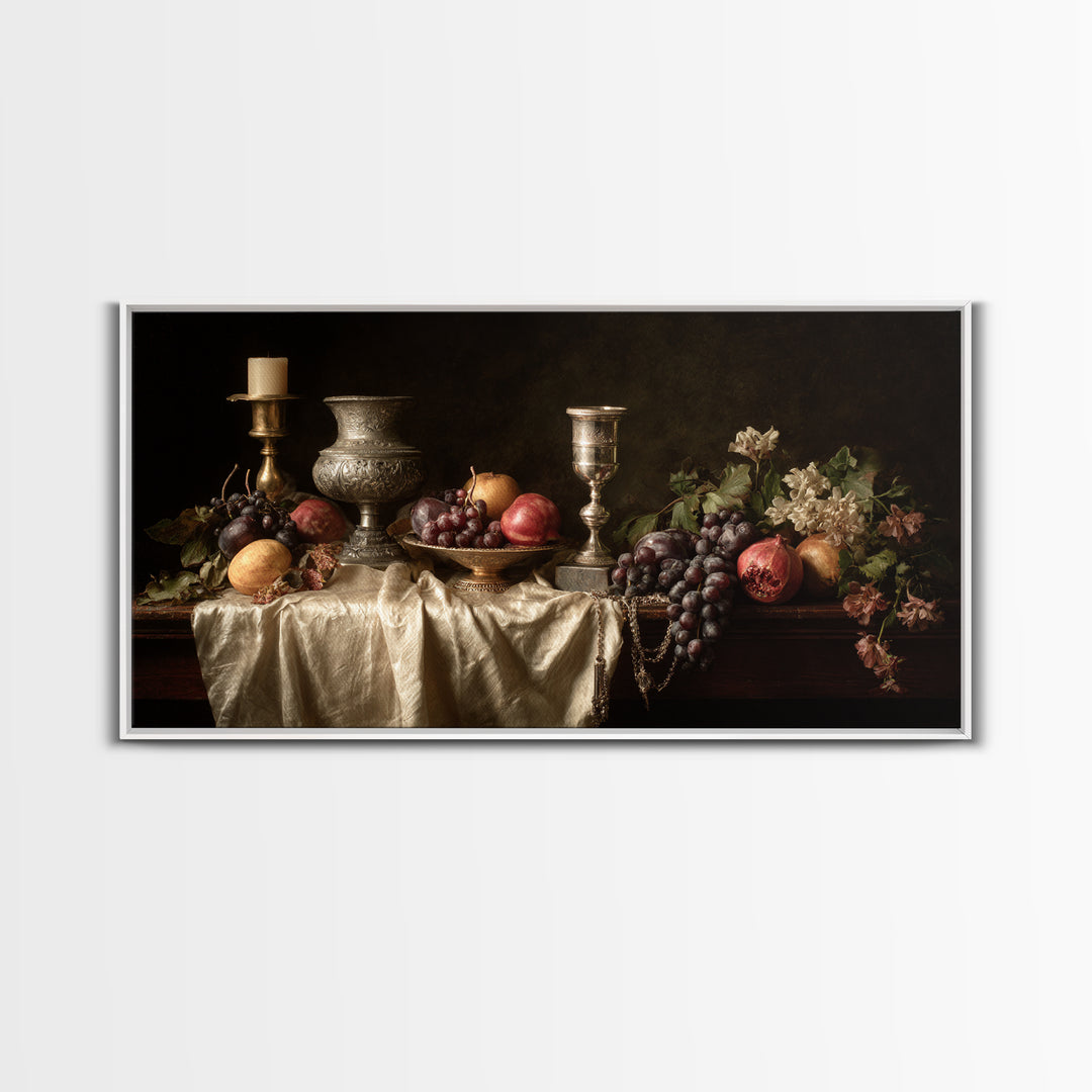 Dutch Fruit and Silver Goblet Still Life Framed Canvas Print, Traditional Art, Furry Art, Living Room Decor, Oil Painting, TRA-2x1-96