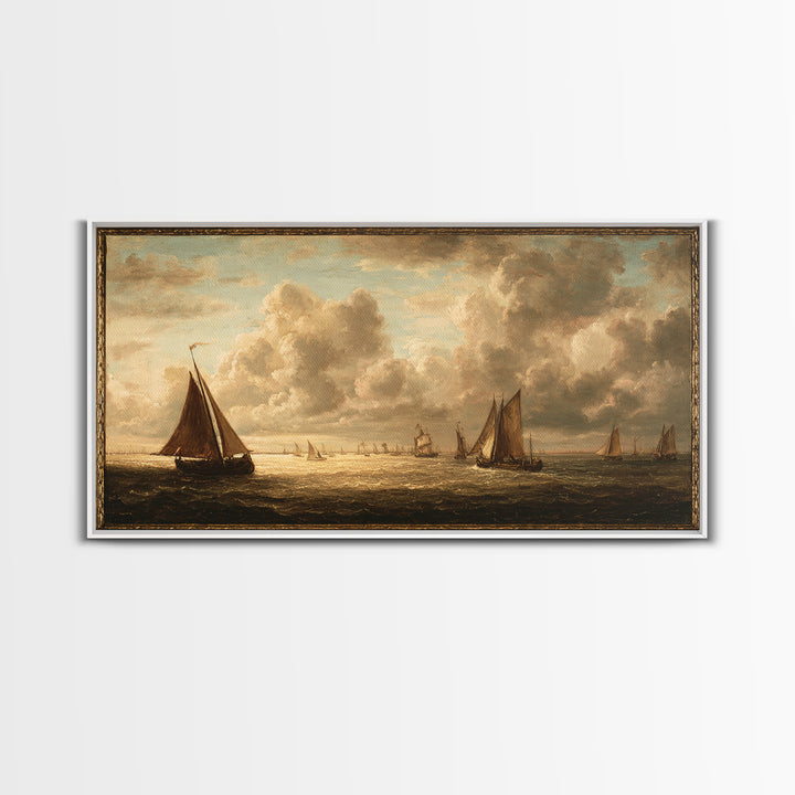 Seascape with Sailboats and Cloudy Sky Framed Canvas Print, Traditional Art, Canvas Print, Living Room Decor, Fine Art, Classic, TRA-2x1-97