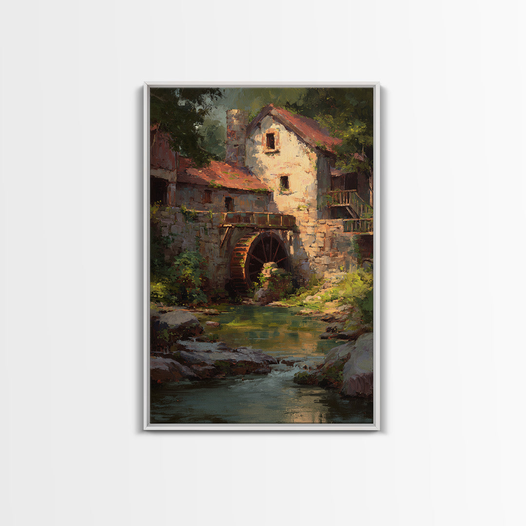 Watermill Beside a Quiet Stream Framed Canvas Print, Traditional Art, Digital Art, Living Room Decor, Fine Art, Classic, TRA-2x3-1