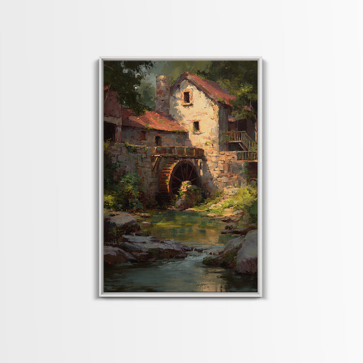Watermill Beside a Quiet Stream Framed Canvas Print, Traditional Art, Digital Art, Living Room Decor, Fine Art, Classic, TRA-2x3-1