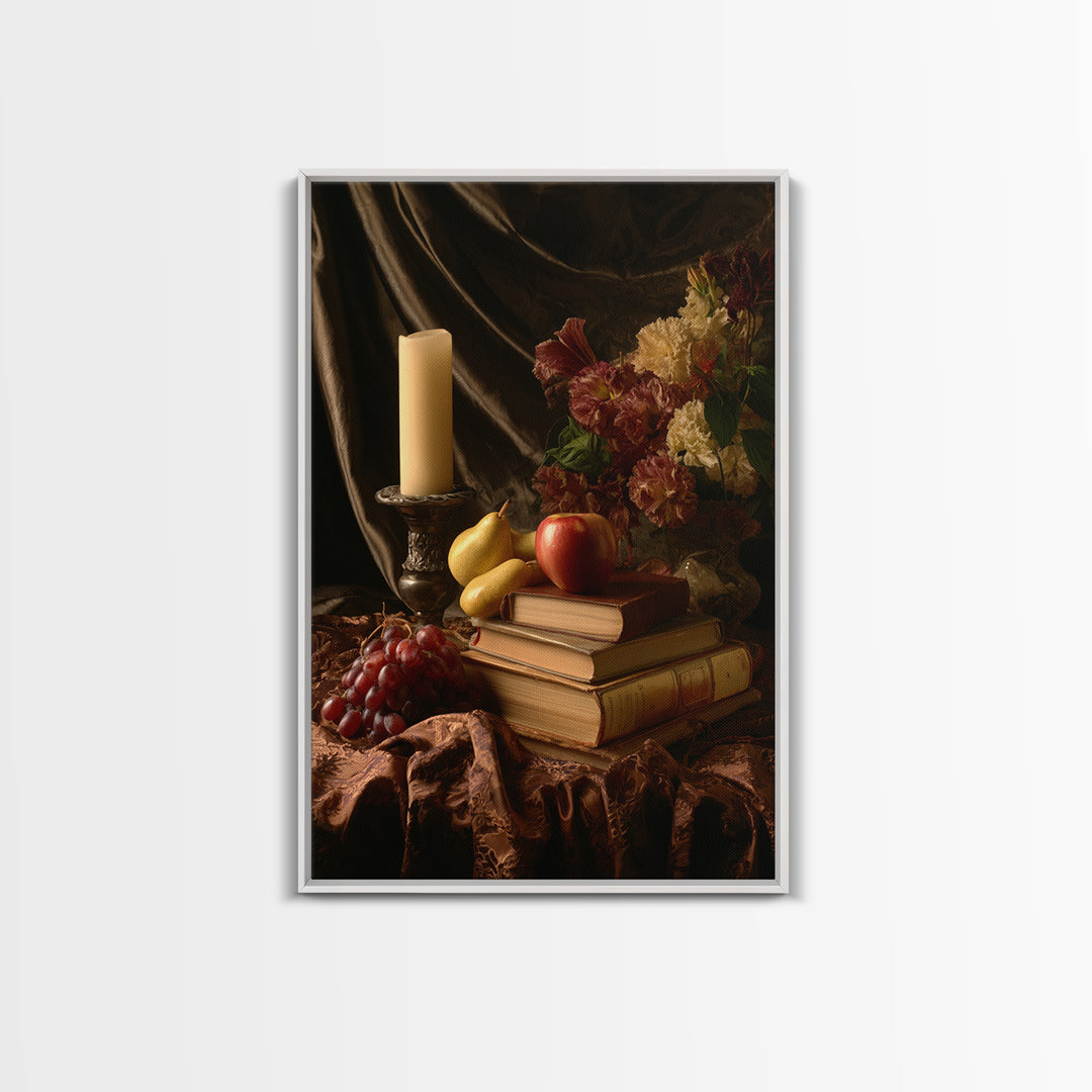 Still Life of Books Candle and Fruit Framed Canvas Print, Traditional Art, Painting, Living Room Decor, Fine Art, Classic, TRA-2x3-100