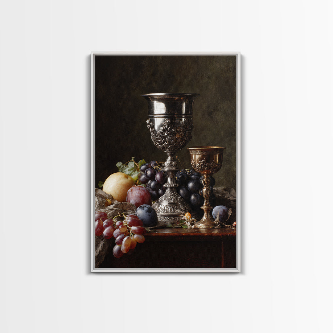 Dutch Fruit and Silver Goblet Still Life Framed Canvas Print, Traditional Art, Living Room Decor, Oil Painting, Classic, TRA-2x3-12
