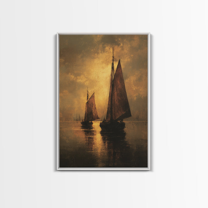 Seascape with Sailboats and Cloudy Sky Framed Canvas Print, Traditional Art, Boho, Living Room Decor, Fine Art, Classic, TRA-2x3-13