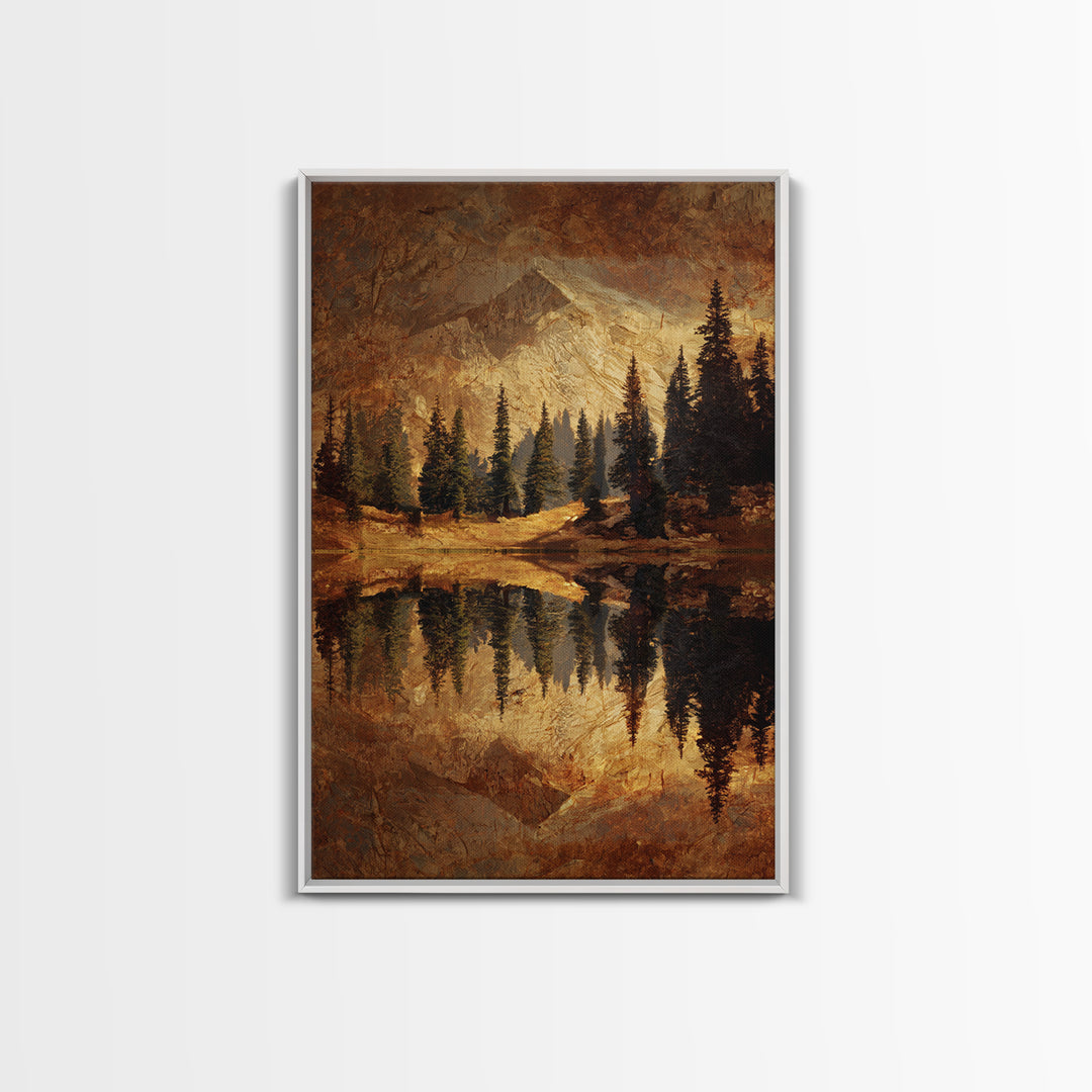 Mountain Lake with Pine Forest Reflection Framed Canvas Print, Traditional Art, Wall Hanging, Living Room Decor, Classic, TRA-2x3-17
