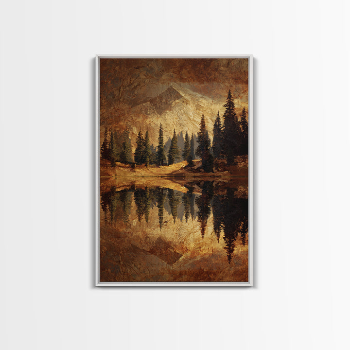 Mountain Lake with Pine Forest Reflection Framed Canvas Print, Traditional Art, Wall Hanging, Living Room Decor, Classic, TRA-2x3-17