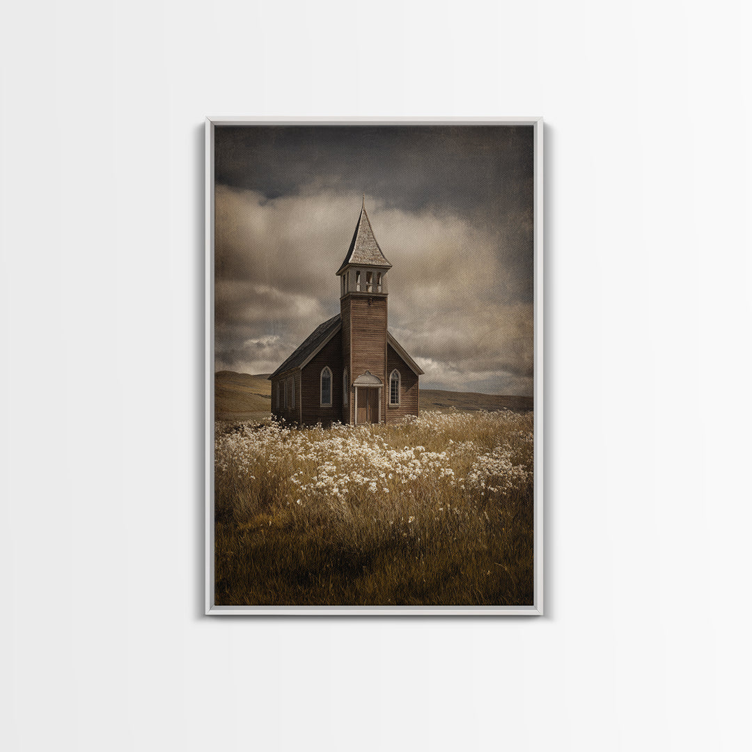 Church Steeple Across Rural Meadow Framed Canvas Print, Traditional Art, Art Print, Living Room Decor, Fine Art, Classic, TRA-2x3-21