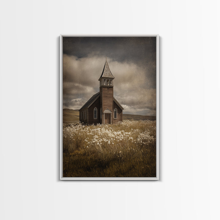 Church Steeple Across Rural Meadow Framed Canvas Print, Traditional Art, Art Print, Living Room Decor, Fine Art, Classic, TRA-2x3-21