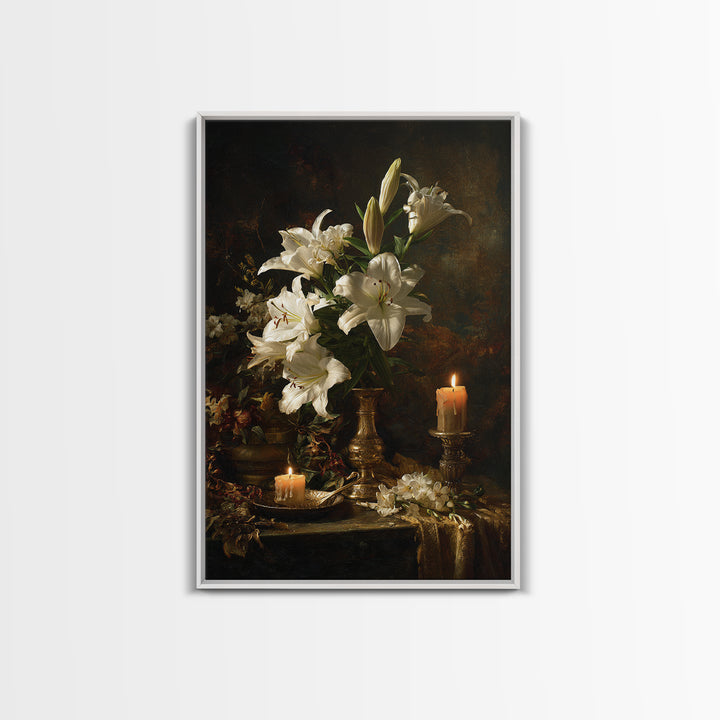 White Lilies on Dark Background Canvas Print, Traditional Art, Decor, Living Room Decor, Fine Art, Classic, Japanese Art, TRA-2x3-23