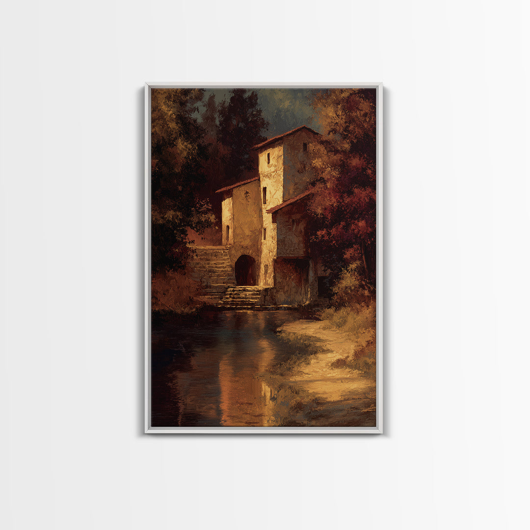 Watermill Beside a Quiet Stream Framed Canvas Print, Traditional Art, Digital Art, Living Room Decor, Fine Art, Classic, TRA-2x3-25