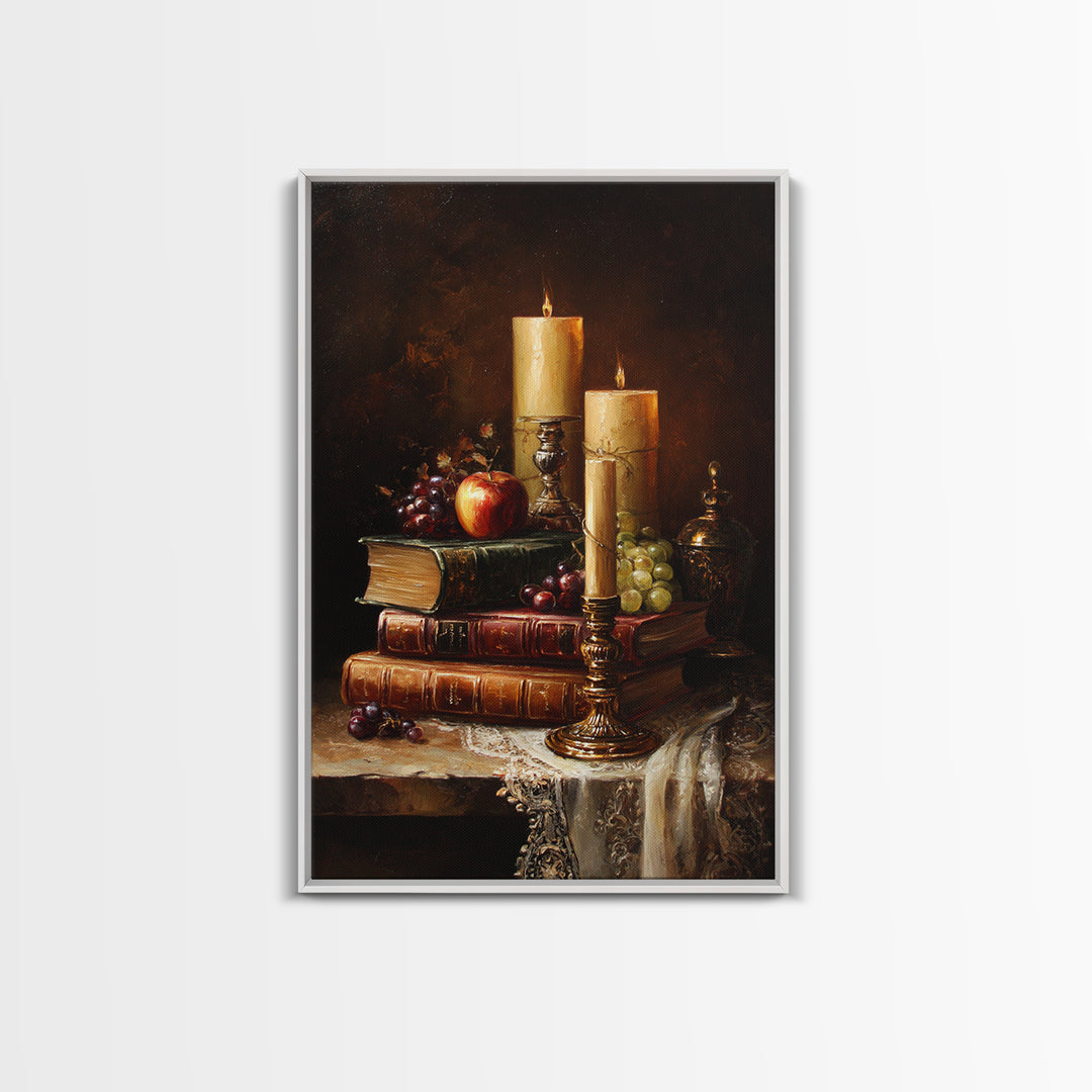 Still Life of Books Candle and Fruit Framed Canvas Print, Traditional Art, Watercolor Art, Living Room Decor, Fine Art, Classic, TRA-2x3-28