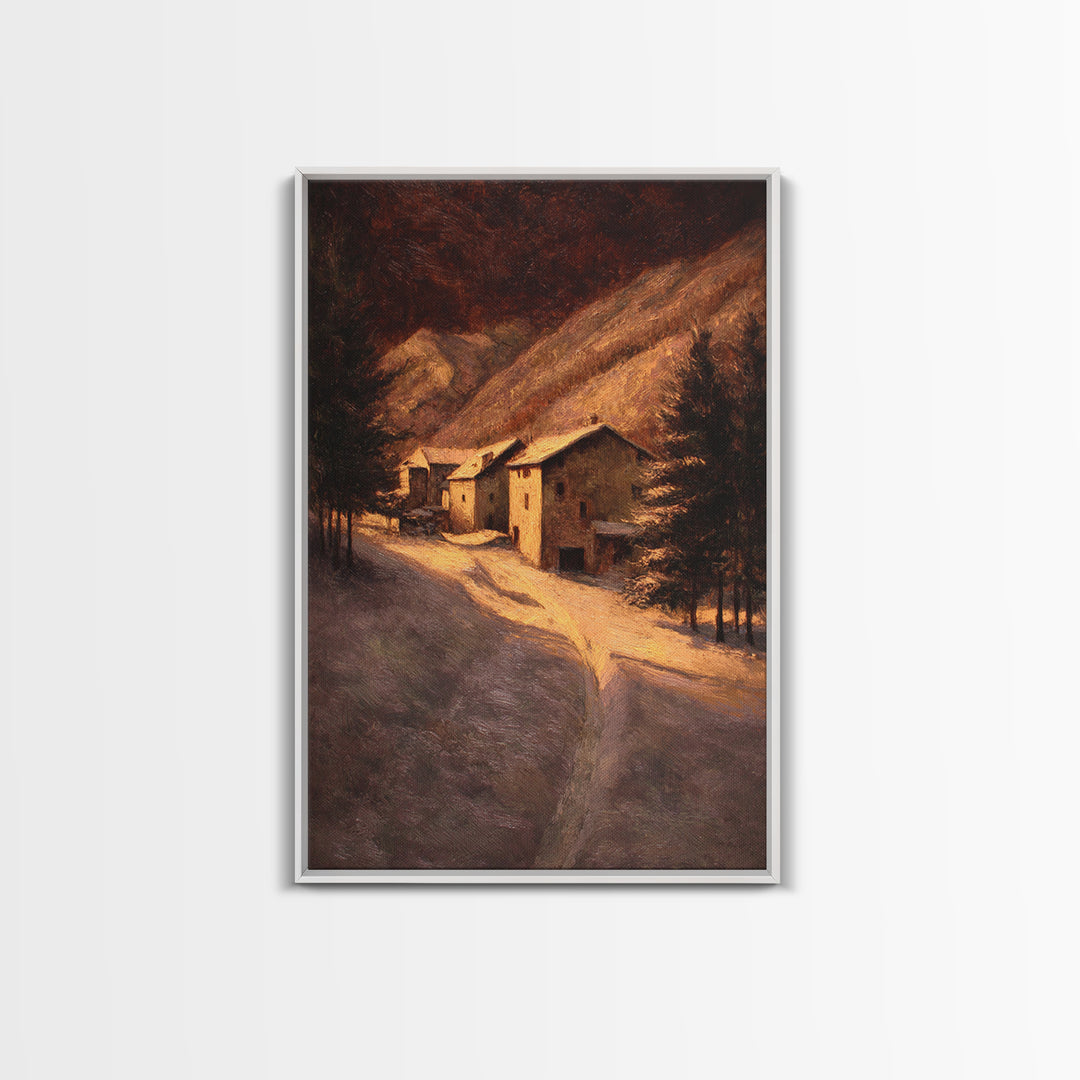 Snowy Village Landscape at Twilight Framed Canvas Print, Traditional Art, Room Decor, Living Room Decor, Fine Art, Classic, TRA-2x3-3