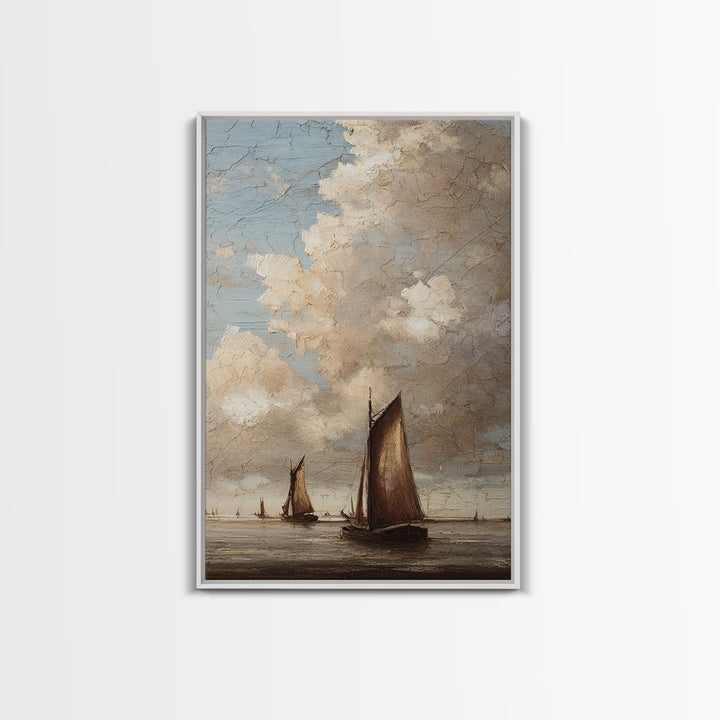 Seascape with Sailboats and Cloudy Sky Framed Canvas Print, Traditional Art, Boho, Living Room Decor, Fine Art, Classic, TRA-2x3-37