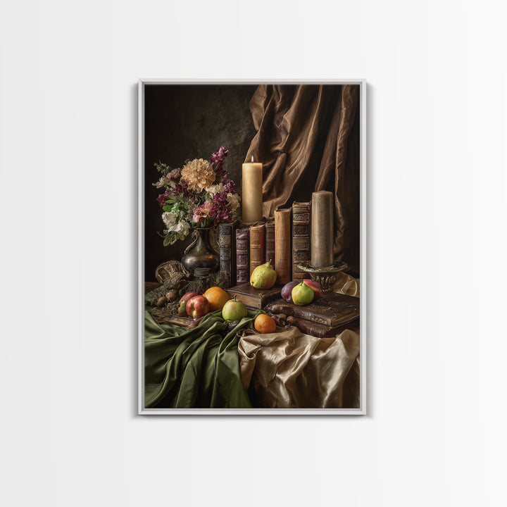 Still Life of Books Candle and Fruit Framed Canvas Print, Traditional Art, Contemporary Art, Living Room Decor, Classic, TRA-2x3-4