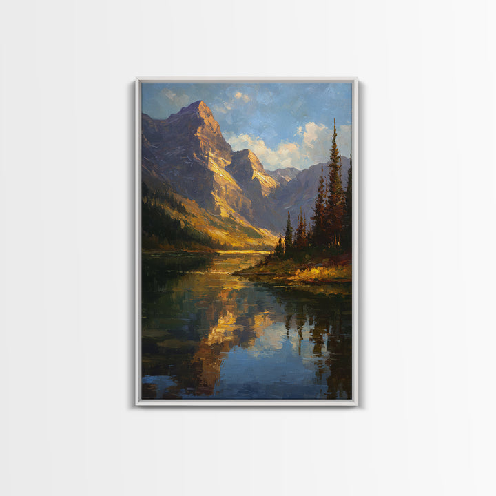 Mountain Lake with Pine Forest Reflection Framed Canvas Print, Traditional Art, Wall Hanging, Living Room Decor, Classic, TRA-2x3-41