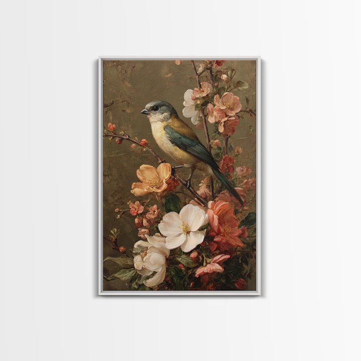Bird Study on a Flowering Branch Framed Canvas Print, Traditional Art, Home Decor, Living Room Decor, Fine Art, Classic, TRA-2x3-42