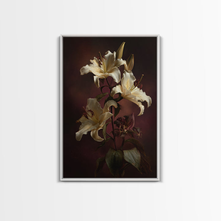 White Lilies on Dark Background Framed Canvas Print, Traditional Art, Wall Hanging, Living Room Decor, Abstract Art, Classic, TRA-2x3-47