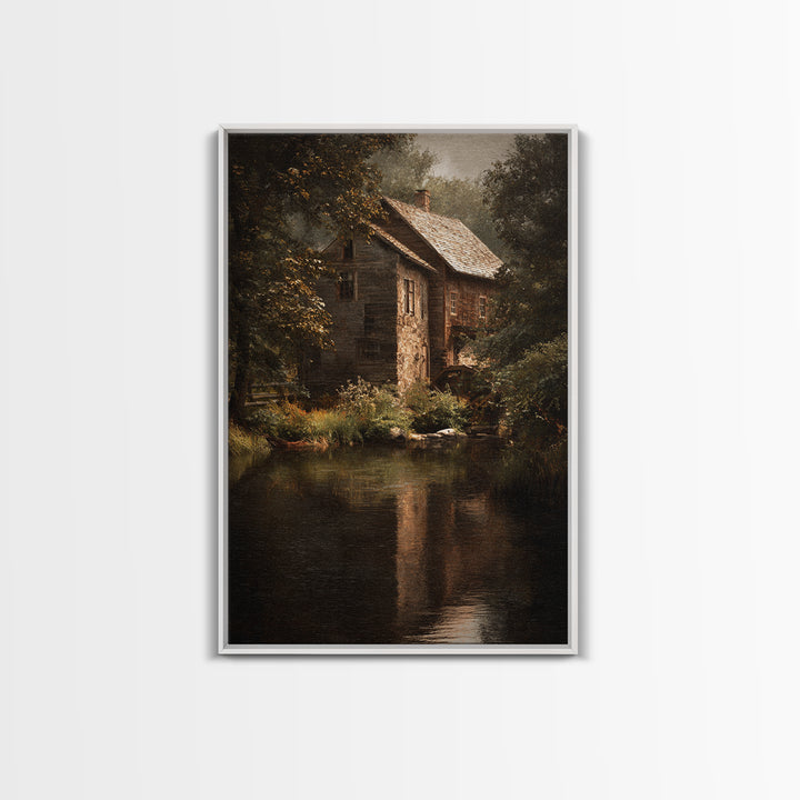Watermill Beside a Quiet Stream Canvas Print, Traditional Art, Original Art, Living Room Decor, Fine Art, Classic, Landscape, TRA-2x3-49