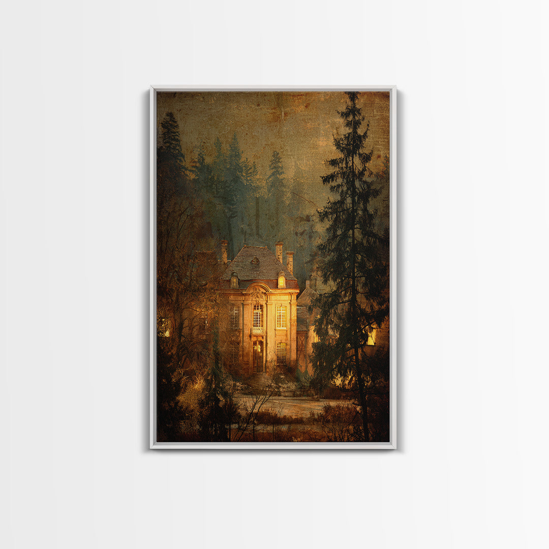 Snowy Village Landscape at Twilight Framed Canvas Print, Traditional Art, Art Print, Living Room Decor, Fine Art, Classic, TRA-2x3-51