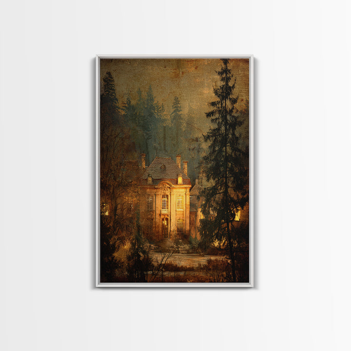 Snowy Village Landscape at Twilight Framed Canvas Print, Traditional Art, Art Print, Living Room Decor, Fine Art, Classic, TRA-2x3-51