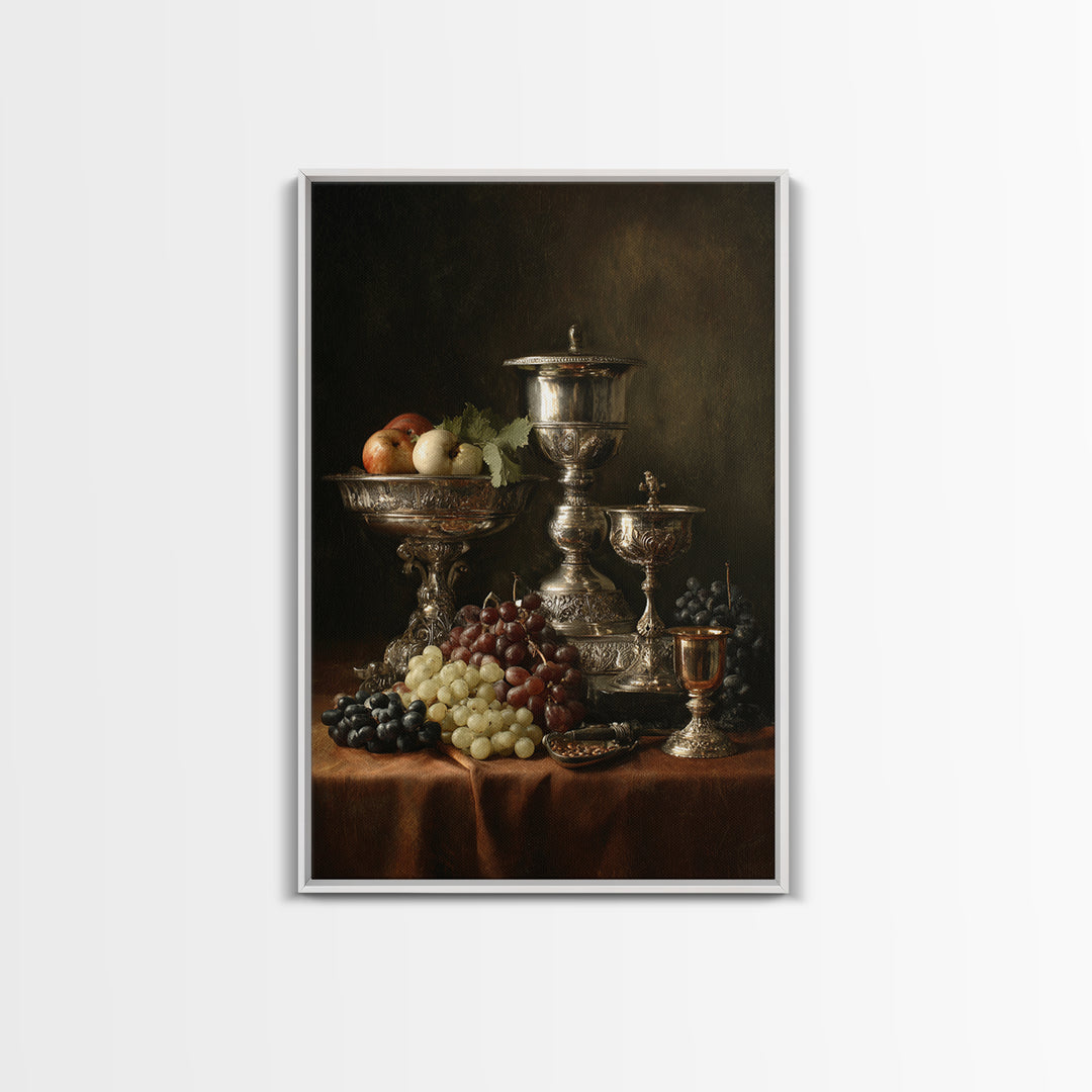 Dutch Fruit and Silver Goblet Still Life Framed Canvas Print, Traditional Art, Art Commission, Living Room Decor, Classic, TRA-2x3-60