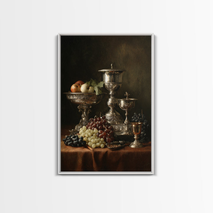 Dutch Fruit and Silver Goblet Still Life Framed Canvas Print, Traditional Art, Art Commission, Living Room Decor, Classic, TRA-2x3-60