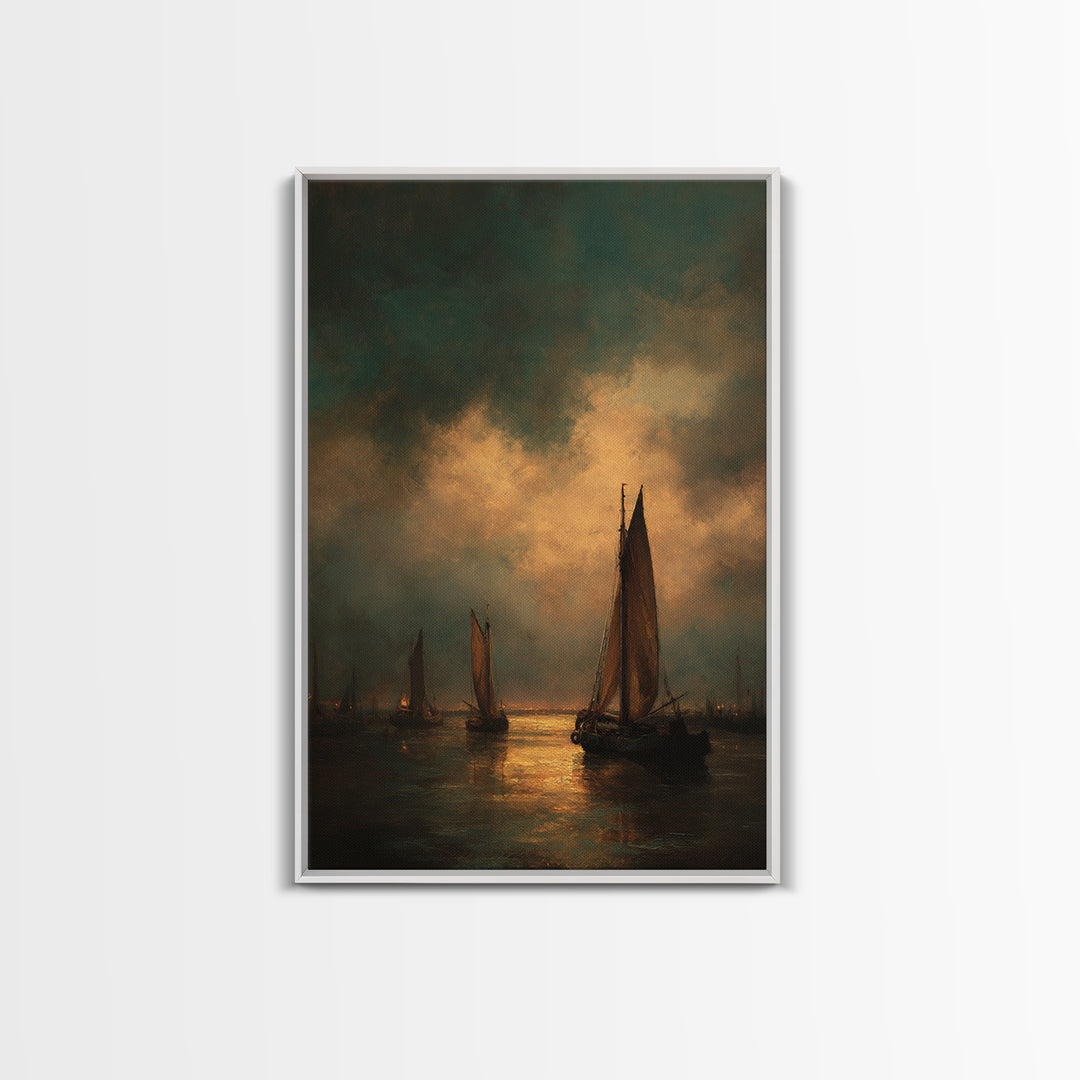 Seascape with Sailboats and Cloudy Sky Canvas Print, Traditional Art, Living Room Decor, Fine Art, Classic, Dark Art, TRA-2x3-61