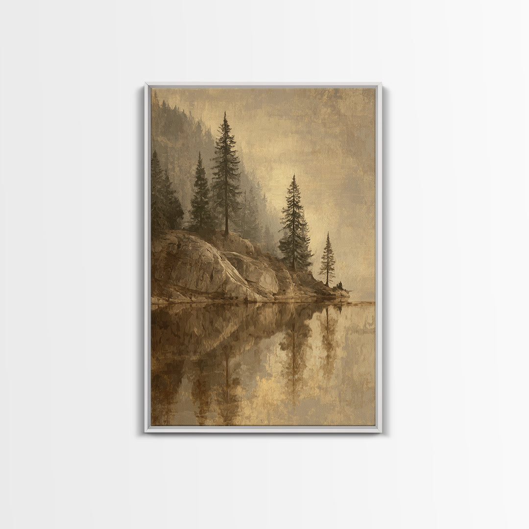 Mountain Lake with Pine Forest Reflection Canvas Print, Traditional Art, Art Commissions, Living Room Decor, Oil Painting, TRA-2x3-65