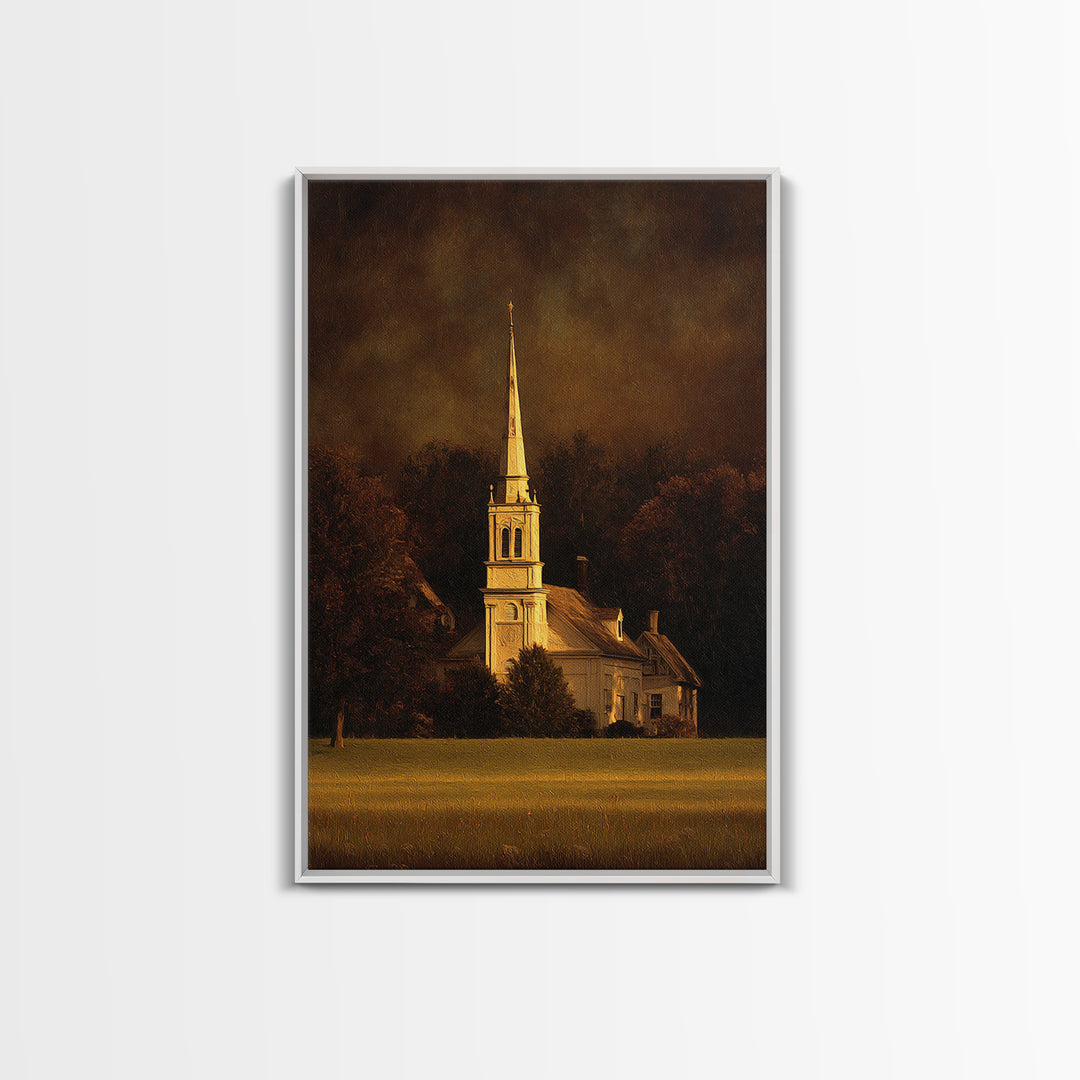 Church Steeple Across Rural Meadow Framed Canvas Print, Traditional Art, Japanese Art, Living Room Decor, Fine Art, Classic, TRA-2x3-69