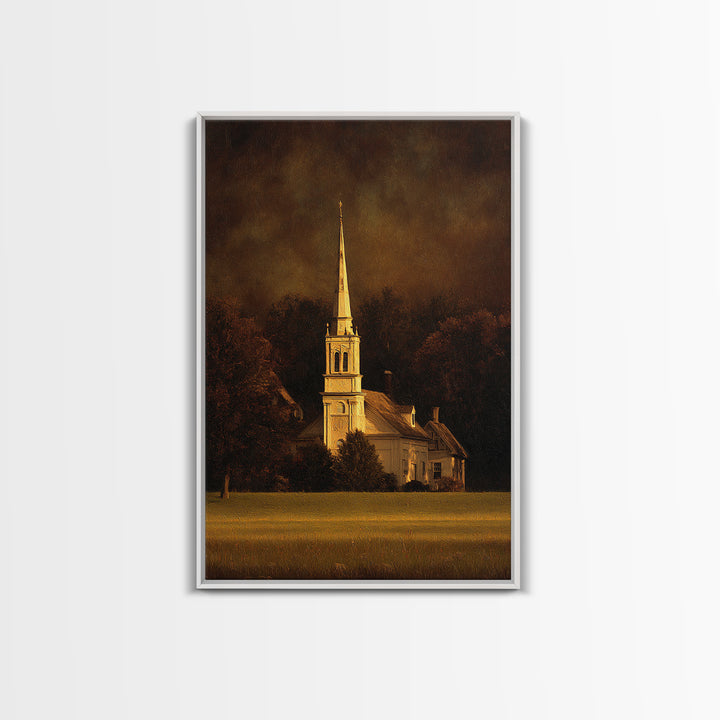 Church Steeple Across Rural Meadow Framed Canvas Print, Traditional Art, Japanese Art, Living Room Decor, Fine Art, Classic, TRA-2x3-69