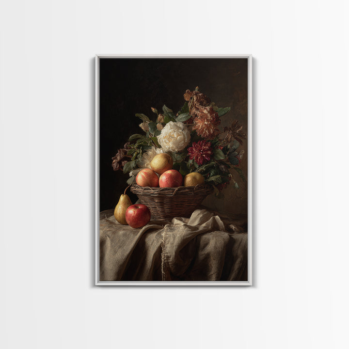 Basket of Apples and Pears on Linen Framed Canvas Print, Traditional Art, Canvas, Living Room Decor, Abstract Art, Classic, TRA-2x3-74