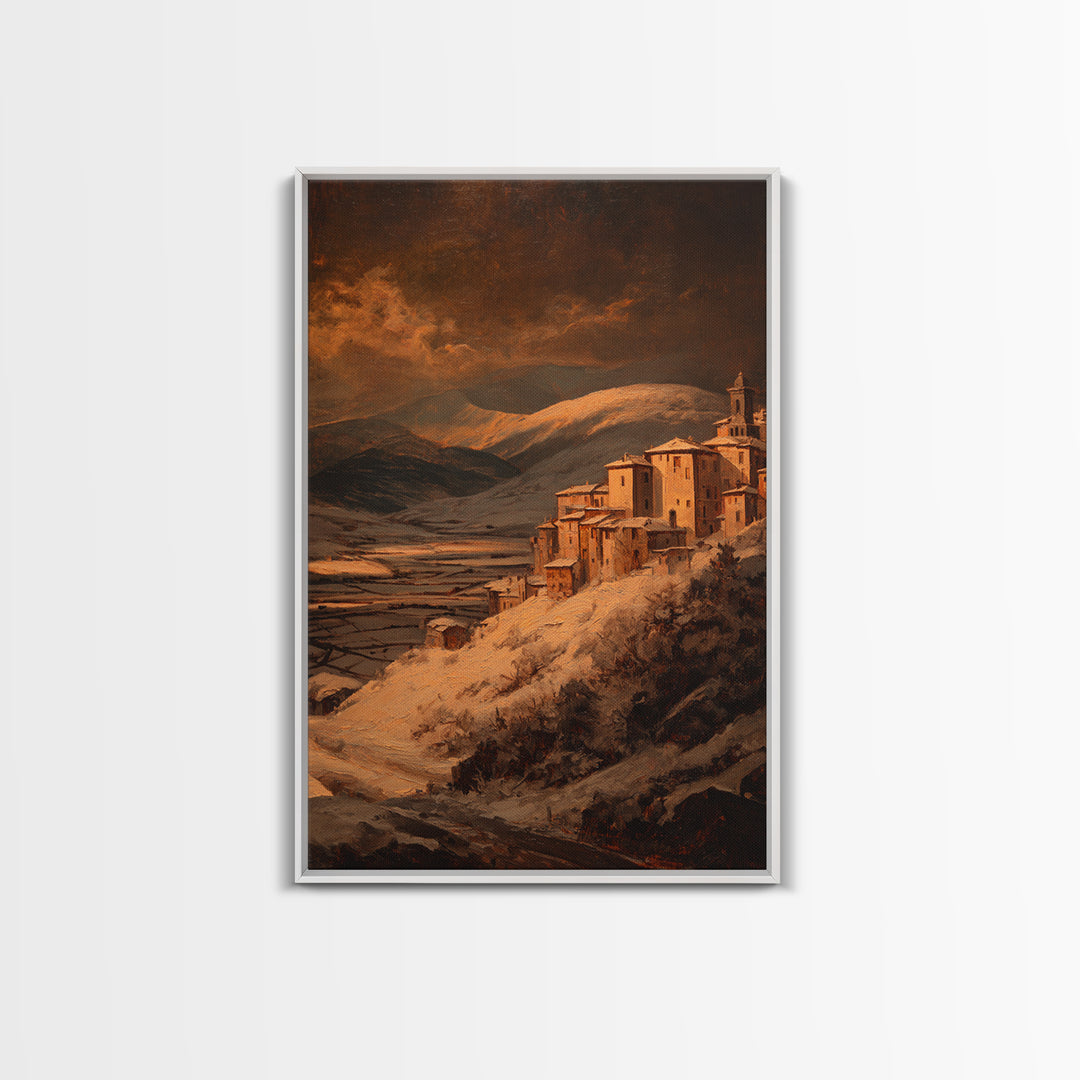 Snowy Village Landscape at Twilight Framed Canvas Print, Traditional Art, Japanese Art, Living Room Decor, Fine Art, Classic, TRA-2x3-75