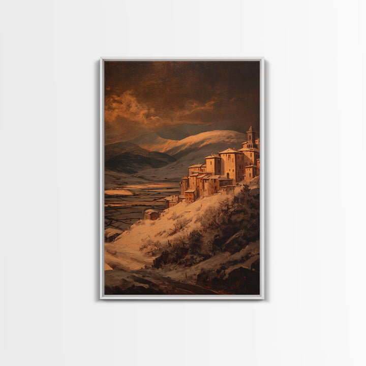 Snowy Village Landscape at Twilight Framed Canvas Print, Traditional Art, Japanese Art, Living Room Decor, Fine Art, Classic, TRA-2x3-75