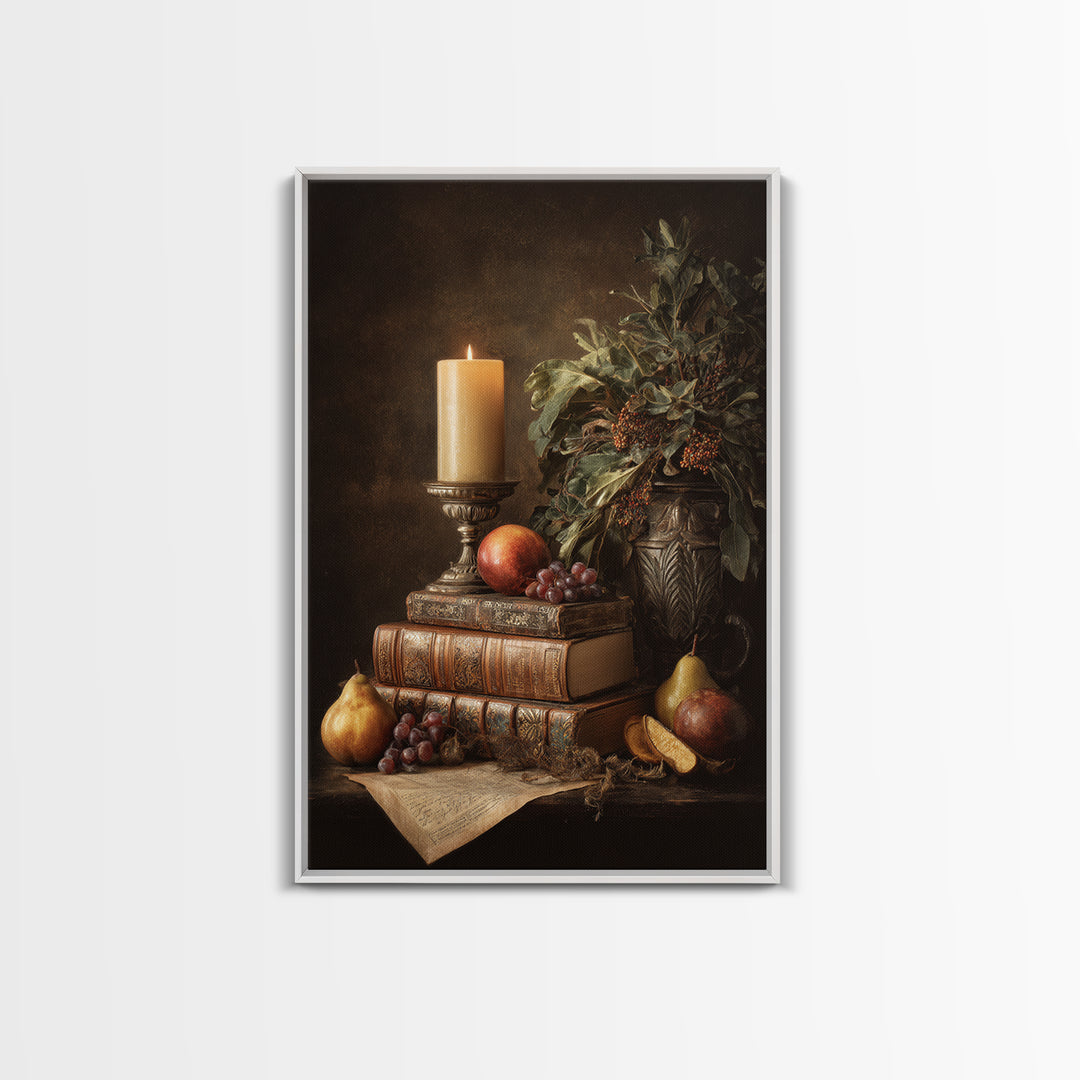 Still Life of Books Candle and Fruit Framed Canvas Print, Traditional Art, Indian Decor, Living Room Decor, Fine Art, Classic, TRA-2x3-76