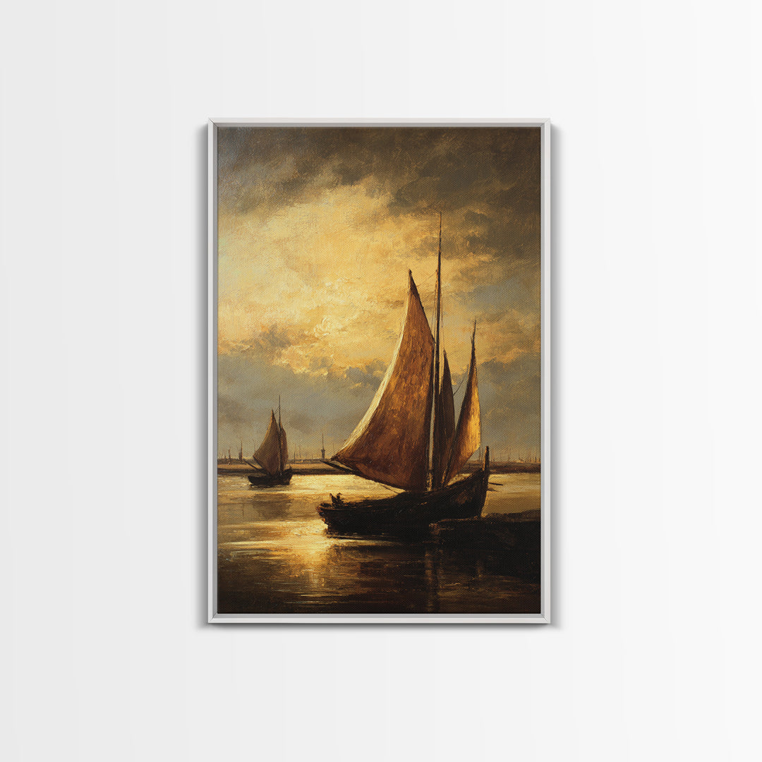 Seascape with Sailboats and Cloudy Sky Framed Canvas Print, Traditional Art, Watercolor Art, Living Room Decor, Classic, TRA-2x3-85