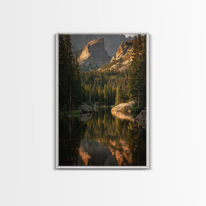 Mountain Lake with Pine Forest Reflection Framed Canvas Print, Traditional Art, Indian Wall Art, Living Room Decor, Classic, TRA-2x3-89